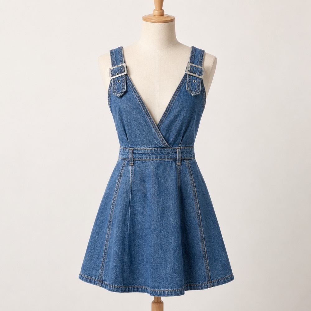ONLY‎ KIWI BLT Denim Pinafore Dress Womens XS Blue NWT Buckle Strap Mini Flare